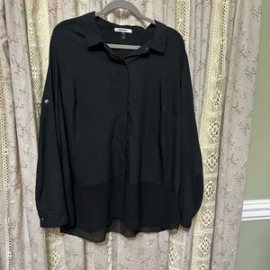 DKNY Black w/ Sheer Bottom Button Up Roll Tab Blouse Size 1X